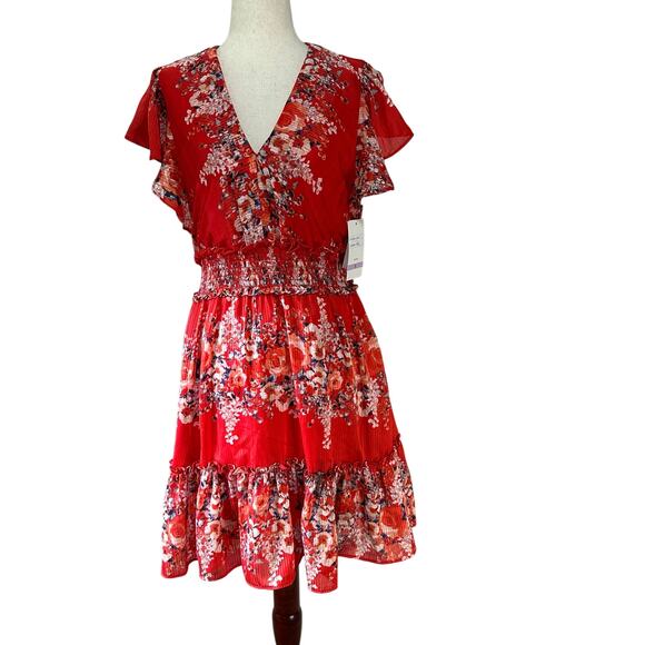 TAYLOR Women's Flutter-Sleeve Smocked-Waist Dress Size 6 In Flame/Denim - Picture 1 of 15